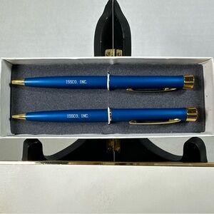 Vtg. Garland pen and pencil set Featuring Issco Inc. Blue With Gold Trim. Works